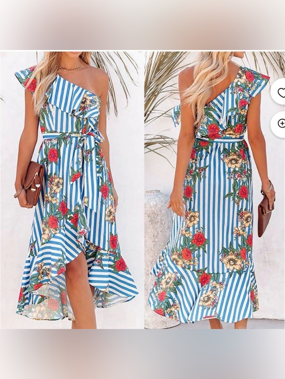 Vici Collection Blue & White Striped Floral One-Shoulder Dress